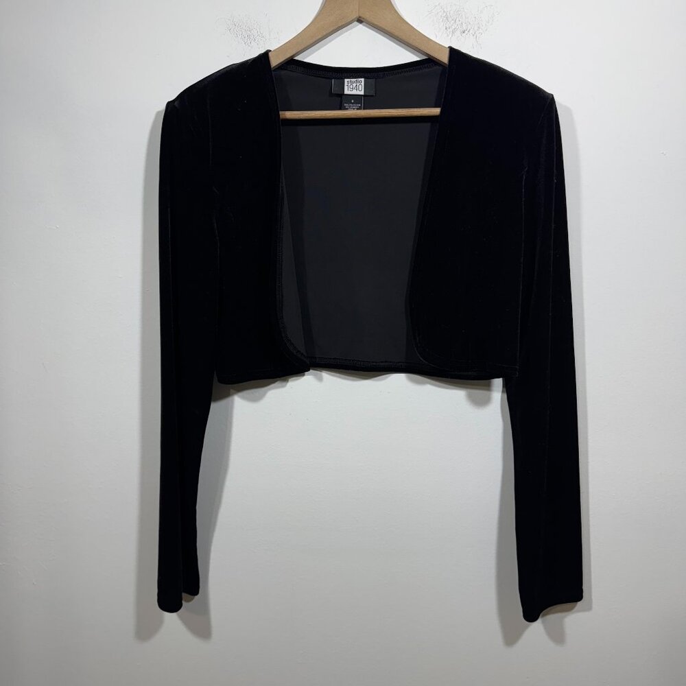 Vintage Studio 1940 Y2K Black Velvet Shawl Cardigan Size 8 Open Front Goth